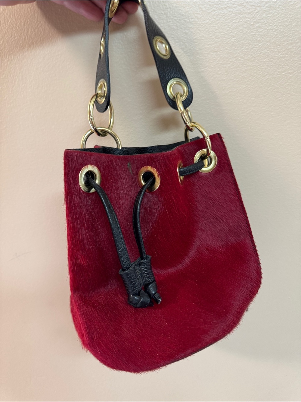 Borse In Pelle Leather / Red Haircalf Drawstring Bucket Bag -